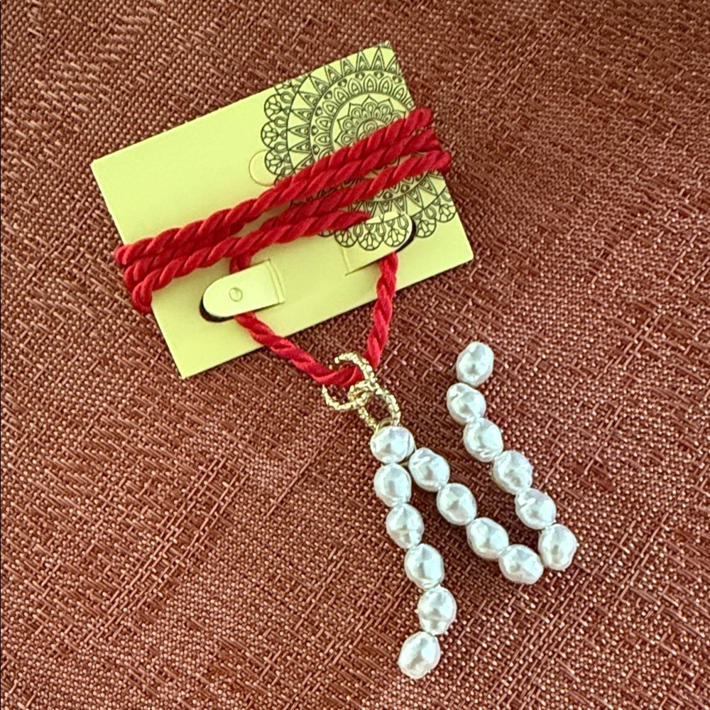 Handmade Initial N Red and Gold Necklace with Pearl Accents